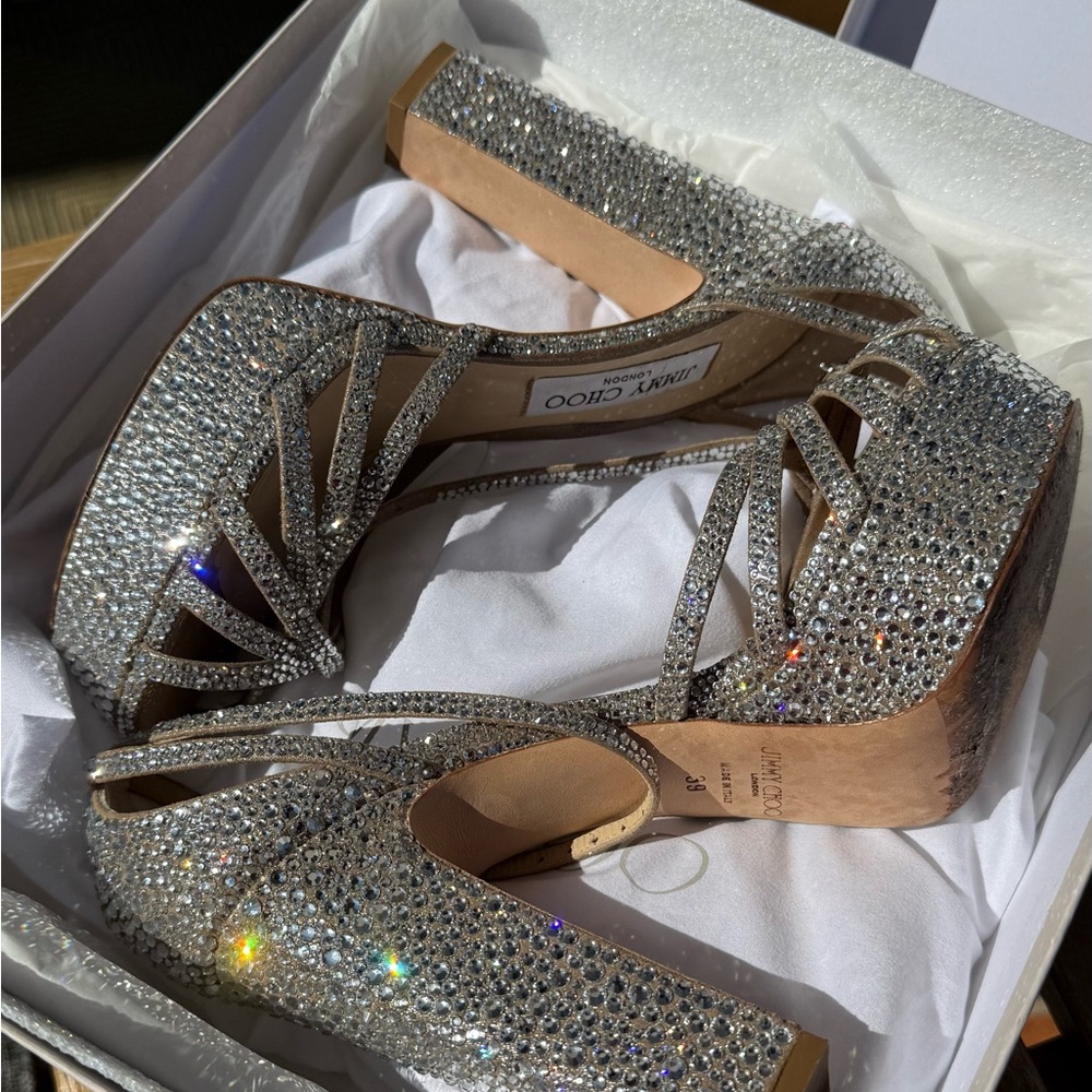 Jimmy Choo Silver Platform Heels with Crystal Embellishments